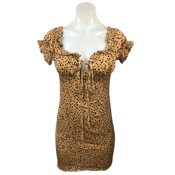 NEW Princess Polly Tan Black Cheetah Silk Satin Ruffle Mini Bodycon Dress Size 8 - Picture 1 of 5
